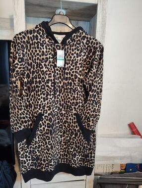 MICHAEL Michael Kors Leopard-Print Cotton-Terry Hoodie Dress SZ L New With Tags
